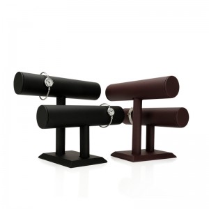 Custom Double T bar green color jewelry roller display PU Leather stand velvet jewelry display for watch necklace 